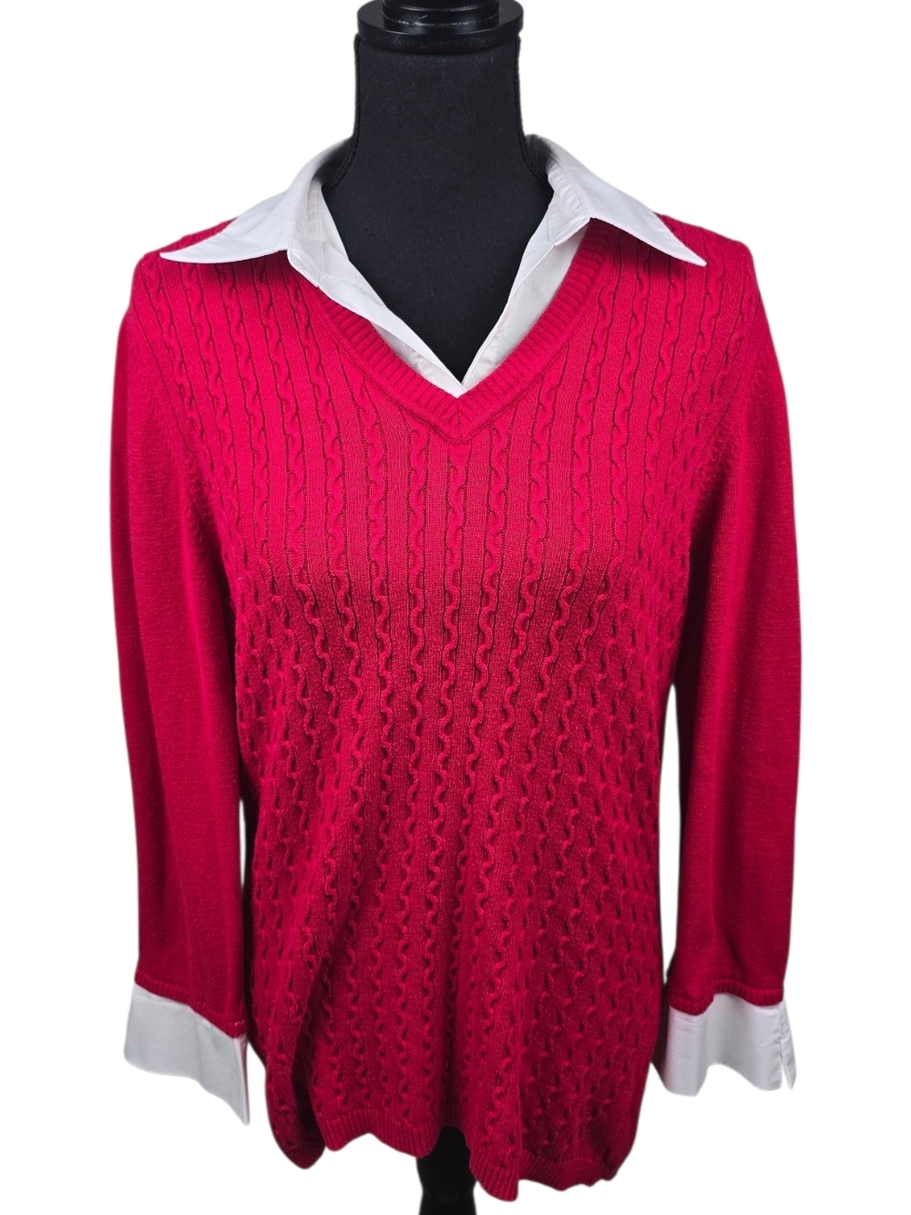 Kim Rogers Raspberry V-Neck Cable Knit Sweater